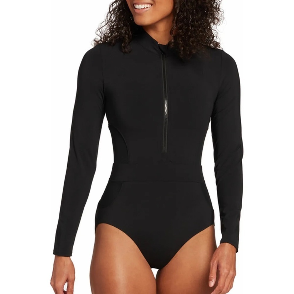 NWT Calia Size 14 Black Long Sleeve One Piece Paddle Suit Zip Up Rashguard New